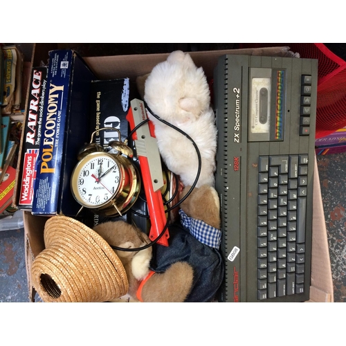 326 - TWO BOXES AND A BASKET CONTAINING MIXED ITEMS TO INCLUDE CLOCKS, TEDDY BEAR, JIGSAW GAME, VINTAGE RA... 