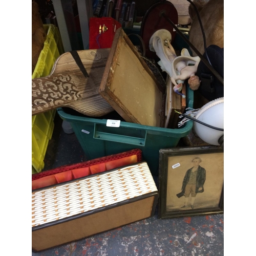 328 - TWO BOXES CONTAINING MIXED ITEMS TO INCLUDE PICTURES, MIRRORS, COLLECTION OF BRIO, TEDDY BEAR, TABLE... 