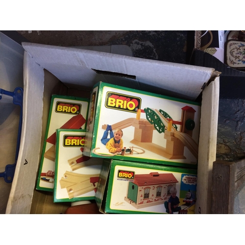 328 - TWO BOXES CONTAINING MIXED ITEMS TO INCLUDE PICTURES, MIRRORS, COLLECTION OF BRIO, TEDDY BEAR, TABLE... 