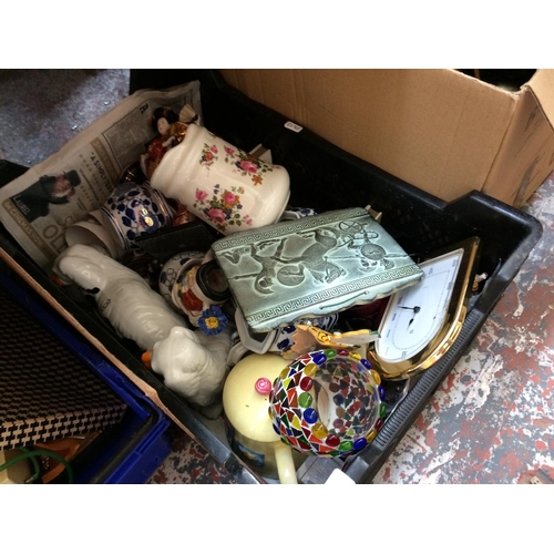 336 - THREE BOXES CONTAINING MIXED ITEMS TO INCLUDE CLOCKS, PICTURES, TABLE LAMPS, DOLLS ETC