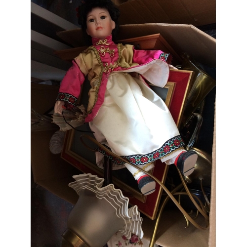 336 - THREE BOXES CONTAINING MIXED ITEMS TO INCLUDE CLOCKS, PICTURES, TABLE LAMPS, DOLLS ETC