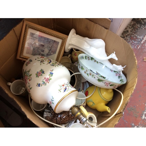 336 - THREE BOXES CONTAINING MIXED ITEMS TO INCLUDE CLOCKS, PICTURES, TABLE LAMPS, DOLLS ETC