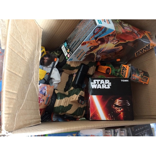 338 - FIVE BOXES CONTAINING MIXED ITEMS TO INCLUDE ACTION MEN, DVD'S, BRIO TRAINS AND TRACK, VARIOUS CERAM... 