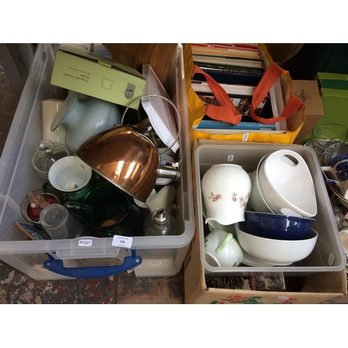 339 - FOUR BOXES AND THREE BAGS CONTAINING MIXED ITEMS TO INCLUDE CERAMICS, GLASSWARE, BOOKS, SMALL TABLE,... 