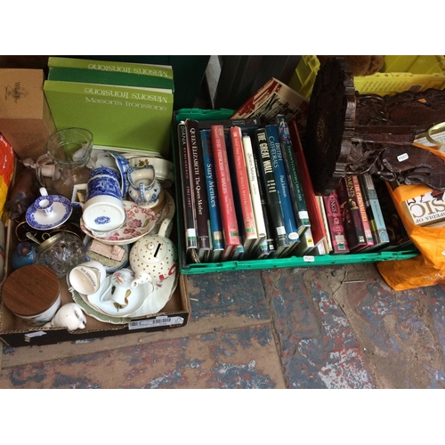 339 - FOUR BOXES AND THREE BAGS CONTAINING MIXED ITEMS TO INCLUDE CERAMICS, GLASSWARE, BOOKS, SMALL TABLE,... 