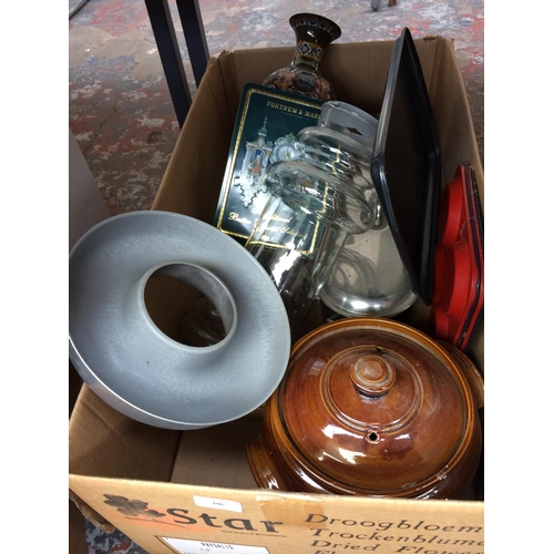 346 - THREE BOXES CONTAINING MIXED ITEMS TO INCLUDE WINE RACK, GLASSWARE, STORAGE JARS, CERAMICS ETC