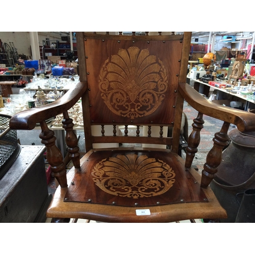 363 - A VINTAGE MAHOGANY FRAMED ARMCHAIR WITH PRINCE OF WALES FEATHERS INLAY