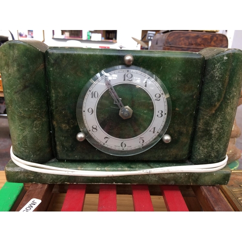 443 - A VINTAGE ENFIELD WALL CLOCK, A VINTAGE ART DECO MARBLE MANTLE CLOCK AND A VINTAGE WOODEN SLEDGE