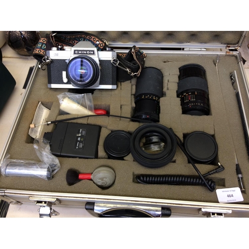 464 - A CHINON CS CAMERA IN ALUMINIUM CASE WITH LENSES, FLASH AND ACCESSORIES