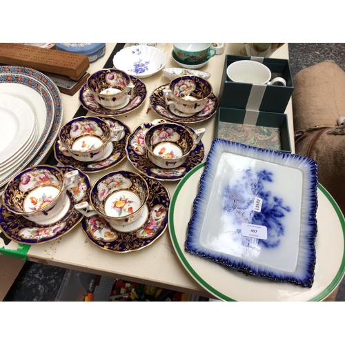 497 - A COLLECTION OF ASSORTED CERAMICS TO INCLUDE SIX BLUE AND GILDED CUPS AND SAUCERS, THREE NORITAKE VA... 