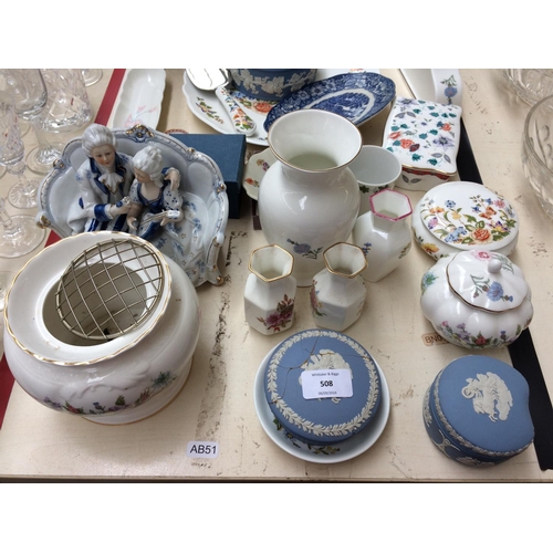 508 - A COLLECTION OF ASSORTED CERAMICS TO INCLUDE WEDGWOOD BLUE JASPERWARE, ZAPHIR FIGURINE, AYNSLEY WILD... 