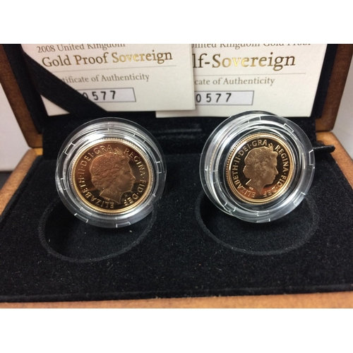 566 - A 2008 TWO COIN SET TO INCLUDE A GOLD FULL PROOF SOVEREIGN AND A GOLD HALF PROOF SOVEREIGN WITH C.O.... 