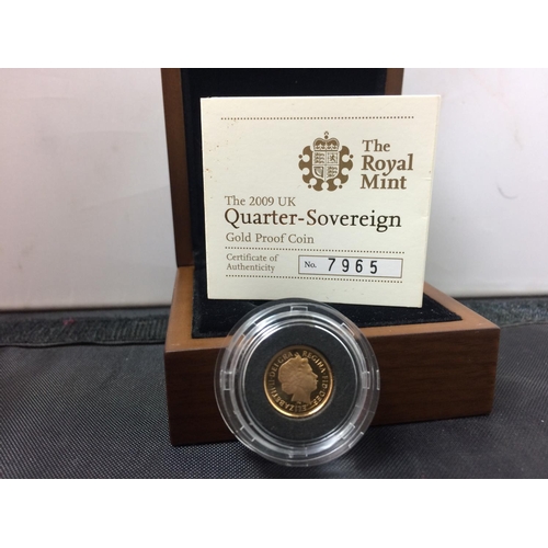 570 - A 2009 GOLD QUARTER PROOF SOVEREIGN WITH C.O.A NUMBER 7965 AND BOX