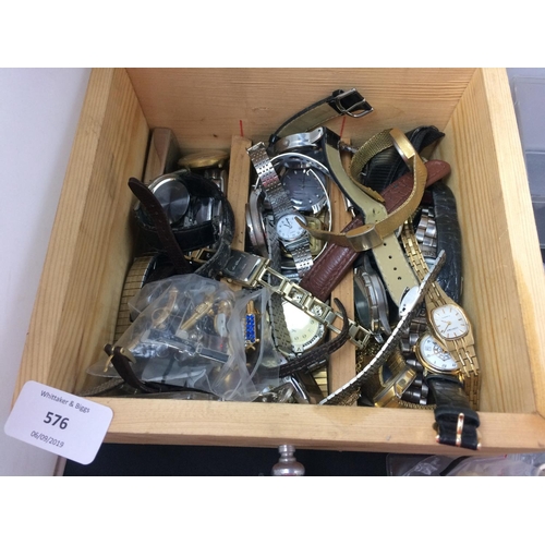 576 - A BOX CONTAINING ASSORTED WRIST WATCHES AND MEDALS