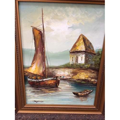 592 - AN OIL ON CANVAS OF A SHIP AT SAIL, AN OIL ON CANVAS OF A LAKE SCENE BY J SCOTT 2003, AN ELVIS MIRRO... 