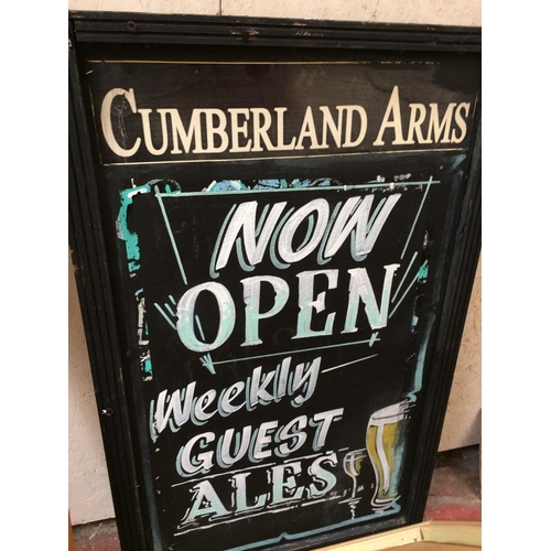 594 - NINE VARIOUS ITEMS TO INCLUDE A CUMBERLAND ARMS ADVERTISING SIGN, ARTISTS EASEL, BEVEL EDGE MIRROR, ... 