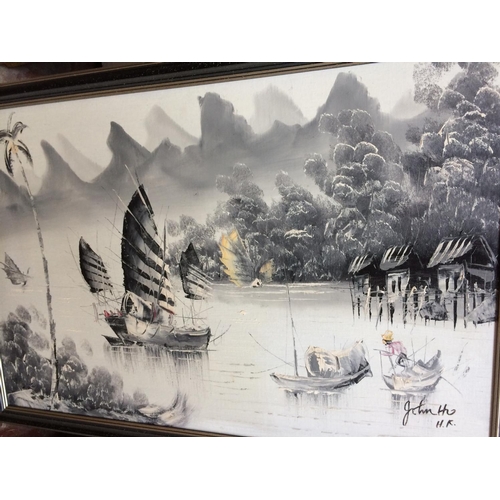 607 - TWO ORIENTAL OIL ON BOARDS OF HONG KONG HARBOUR AND THREE WATERCOLOURS OF SHIPS