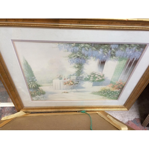 608 - THREE FRAMED MIRRORS, PRINT OF A GARDEN SCENE AND A PRINT OF STILL LIFE