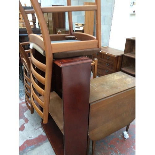 640 - FIFTEEN ITEMS TO INCLUDE TWO VINTAGE MAHOGANY FRAMED CHAIRS, TWO COFFEE TABLES, BUREAU, DROP LEAF DI... 