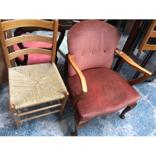 640 - FIFTEEN ITEMS TO INCLUDE TWO VINTAGE MAHOGANY FRAMED CHAIRS, TWO COFFEE TABLES, BUREAU, DROP LEAF DI... 