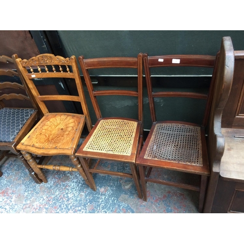 735 - TWO EDWARDIAN INLAID MAHOGANY FRAMED DINING CHAIRS WITH RATTAN SEATS AND A VINTAGE MAHOGANY CHAIR WI... 