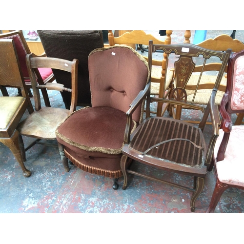 769 - AN EDWARDIAN INLAID MAHOGANY ARMCHAIR, A VINTAGE BROWN UPHOLSTERED BEDROOM CHAIR AND A SMALL VINTAGE... 