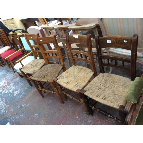 780 - FOUR ELM FRAMED FARMHOUSE KITCHEN CHAIRS WITH RUSH SEATS