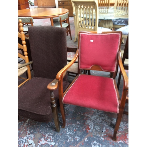 785 - A RED UPHOLSTERED BEDROOM CHAIR AND A BROWN UPHOLSTERED OCCASIONAL CHAIR