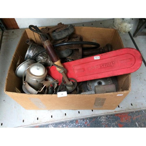 92 - ONE BOX CONTAINING VINTAGE EVEREADY LANTERN, CASTER WHEELS, AIR SPRAY GUN, SOLDERING IRON ETC.