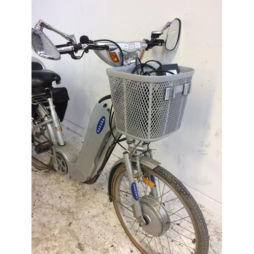 2 - A SILVER SAKURA ELECTRIC BICYCLE WITH REAR PANNIERS AND TOP BOX, SPRUNG SADDLE, 6 SPEED SHIMANO GEAR... 