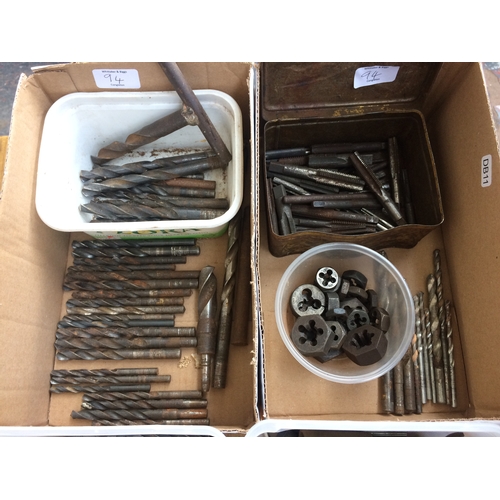 94 - SEVEN SMALL BOXES CONTAINING GOOD QUALITY DRILL BITS, TAPS AND DIES ETC.