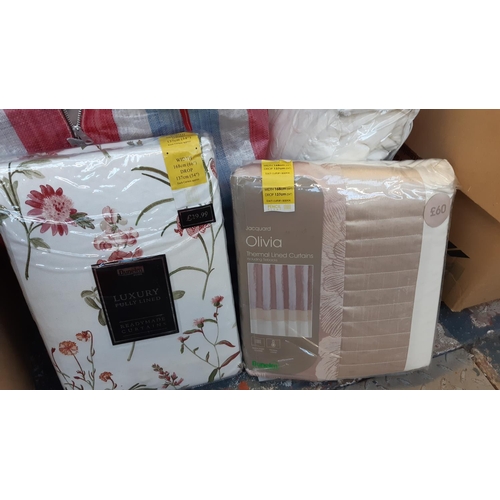 297 - A BOX AND TWO BAGS CONTAINING LADIES SHOES, READY MADE CURTAINS AND A DOUBLE BED DUVET