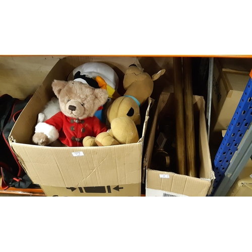 57 - TWO BOXES CONTAINING GOOD QUALITY WOODEN CURTAIN POLE, SCOOBY DOO SOFT TOY, HARRODS TEDDY BEAR ETC.