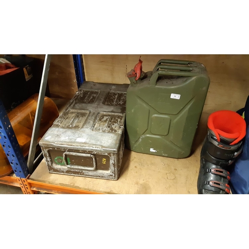 59 - TWO ITEMS TO INCLUDE A GREEN SEALEY 20L ARMY STYLE JERRY CAN AND A BROWN METAL ARMY AMMUNITION BOX