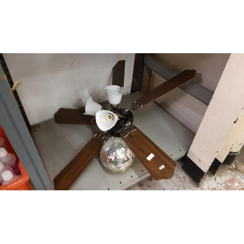 71 - TWO ITEMS TO INCLUDE A GOOD QUALITY CEILING FAN WITH TRIPLE LIGHT AND A DISCO BALL