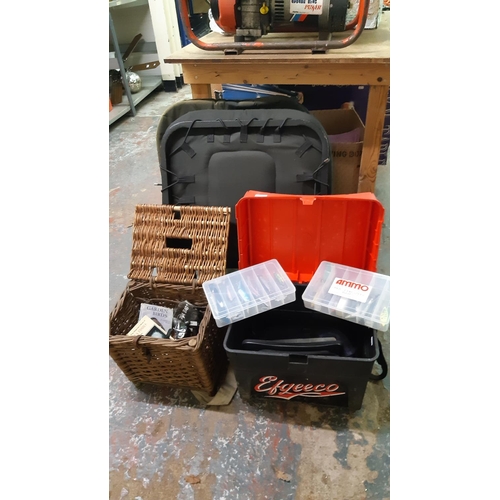 98 - A LARGE QUANTITY OF GOOD QUALITY FISHING EQUIPMENT TO INCLUDE WICKER BASKET CONTAINING DAIWA AND MIT... 