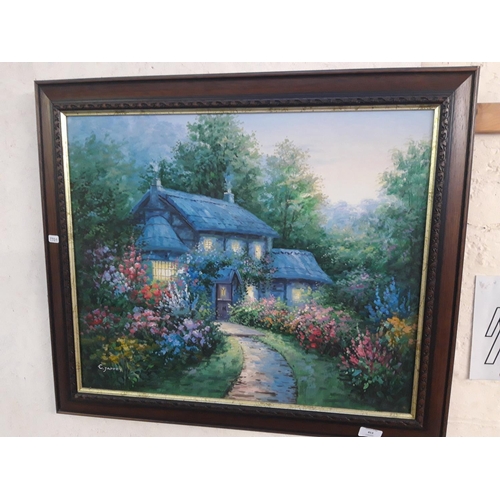 A MAHOGANY FRAMED OIL ON CANVAS OF A COTTAGE BY C.JAFFEY