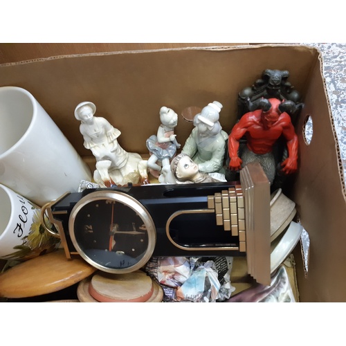 322 - A BOX CONTAINING MIXED ITEMS TO INCLUDE VINTAGE STYLE QUARTZ MANTLE CLOCK, STORAGE JARS, ROYAL DOULT... 