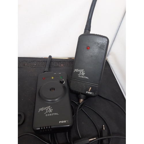A SET OF THREE FOX EOS CARBON FIBRE BITE ALARMS WITH FOX MICRON TXR REMOTE  TRANSMITTER AND RECEIVER