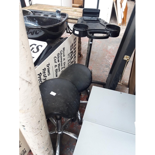 23 - A LARGE SELECTION OF PROFESSIONAL HAIR SALON EQUIPMENT TO INCLUDE VINTAGE HAIRDRYER CHAIRS, STOOLS, ... 