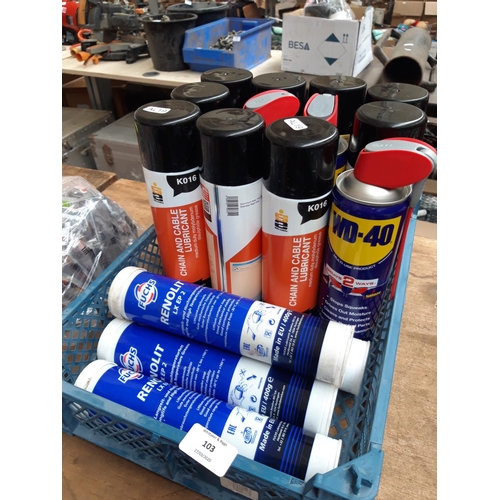 117 - A BOX CONTAINING NEW WD40, FUCHS GREASE TUBES, CLEAN FM CHAIN AND CABLE LUBRICANT