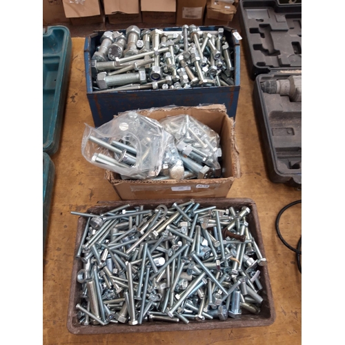 136 - THREE BOXES OF NEW VARIOUS SIZED NUTS, BOLTS AND WASHERS