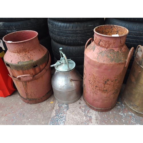 148 - THREE ITEMS TO INCLUDE A STAINLESS STEEL MILKING PARLOUR BUCKET WITH LID AND TWO VINTAGE METAL MILK ... 