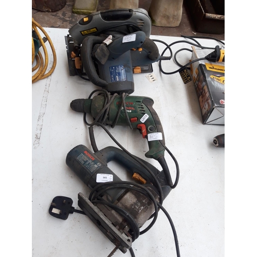 201 - THREE MAINS ELECTRIC POWER TOOLS TO INCLUDE A GREEN BOSCH PSB DRILL, A BLUE POWERCRAFT 1619 CIRCULAR... 