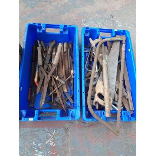 212 - TWO BOXES CONTAINING VINTAGE HAND TOOLS TO INCLUDE FILES, HAND SAWS, SHEARS ETC.