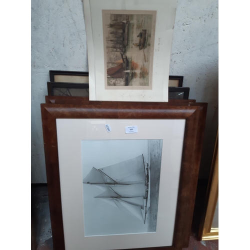 723 - THREE WALNUT FRAMED NAUTICAL BLACK AND WHITE PHOTOGRAPHS TOGETHER WITH A SKETCH OF A HARBOUR SCENE B... 