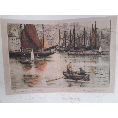 723 - THREE WALNUT FRAMED NAUTICAL BLACK AND WHITE PHOTOGRAPHS TOGETHER WITH A SKETCH OF A HARBOUR SCENE B... 