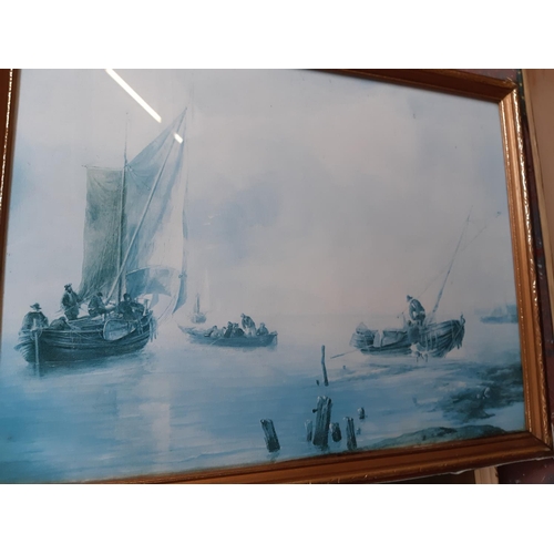 724 - EIGHT FRAMED PICTURES AND PRINTS TO INCLUDE GALLANT SHIP AT SEA, FARMING PRINTS ETC.