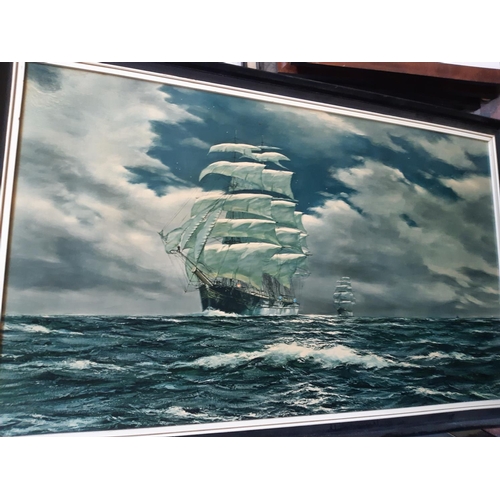 724 - EIGHT FRAMED PICTURES AND PRINTS TO INCLUDE GALLANT SHIP AT SEA, FARMING PRINTS ETC.