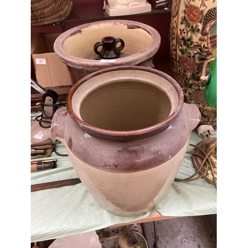 555 - THREE ITEMS TO INCLUDE A VICTORIAN WELSH  RUABON SLIPWARE TERRACOTTA TWIN HANDLED TALL DAIRY BOWL, P... 